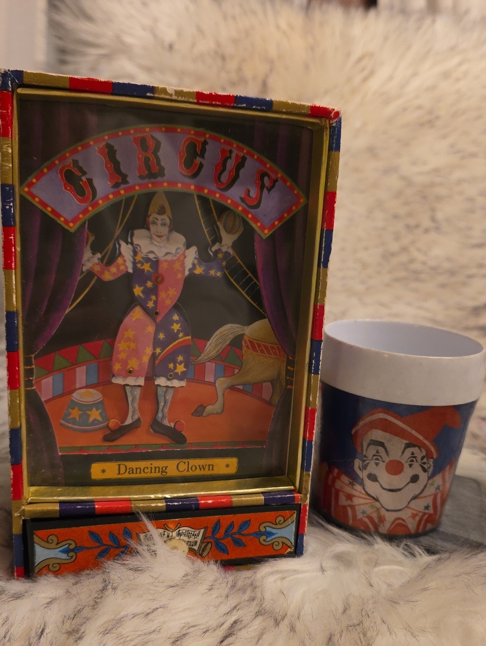 Vintage Circus Dancing Clown Shadow Box Music Box & Tumbler Cup Bundle